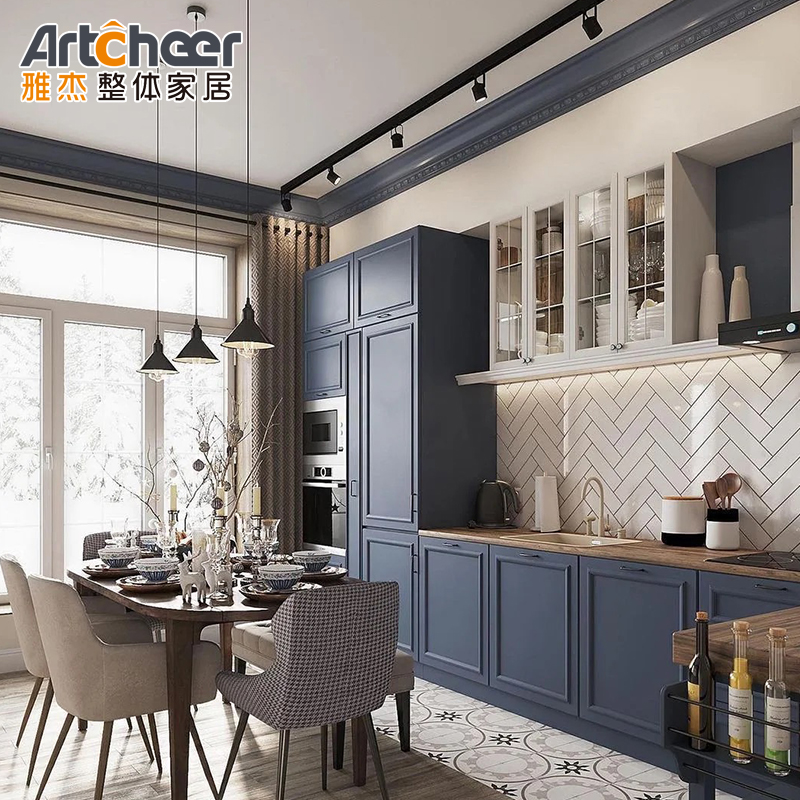 Modular Kitchen Cabinet Set With Gold Handles And Dark Blue Sectional Design In Plywood Material
