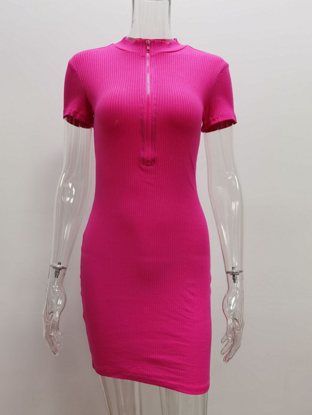 Spring Women New High-Necked Short-Sleeved Dress Bodycon Casual Zip up Custom Logo Comfortable Breathable Dress