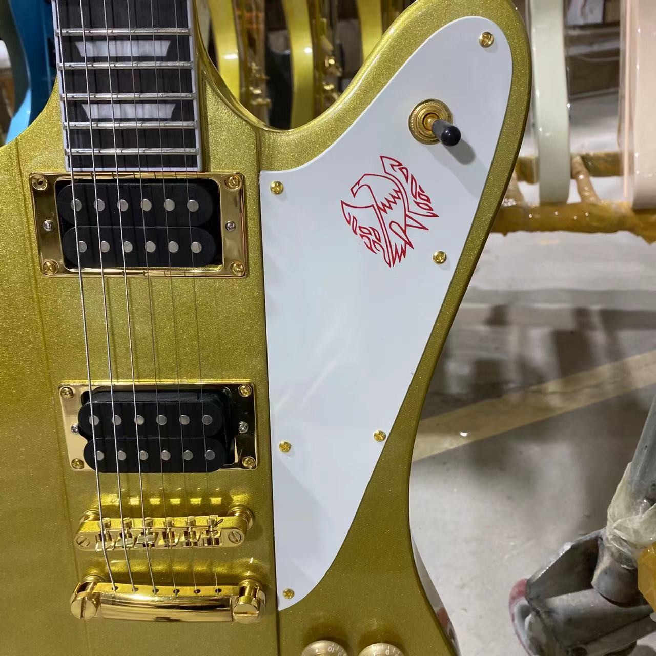Custom Grand Firebird Style Electric Guitar in Golden Color with Gold Hardware Mahogany Body Rosewood Fingerboard