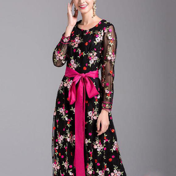 Embroidered Floral Lace Fabric Netting Cloth With Multi Colored Flower Pattern