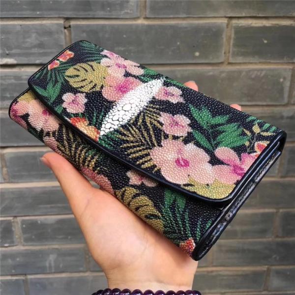Authentic Stingray Skin Female Long Flower Trifold Wallet Genuine Leather Lady