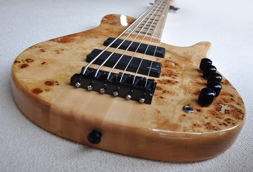 Custom 6 Strings Neck Thru Body Electric Bass Guitar with 24 Frets Active Pickup Maple Fretboard Natural Wood Color