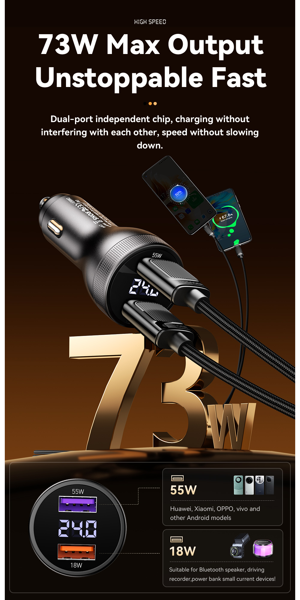 ESSAGER ES-CC18 Series 73W USB-A Car Cell Phone Charger Outlet Quick Car Charger