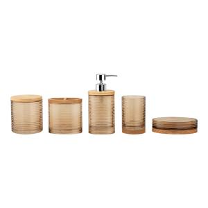 Wholesale 5pcs Modern Bathroom Accessories Set Oval Circle With Natural Wood Top Glass Toothbrush Holder from china suppliers