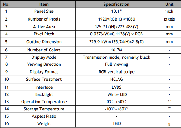10.1 Inch FHD 1920x1080 TFT LCD Screen LVDS Interface LCD Display Module
