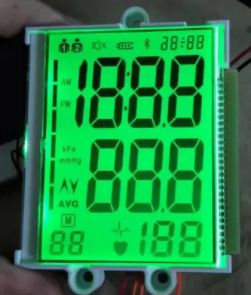 Custom LCD display for sphygmomanometer showing product details and specifications