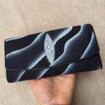 Authentic Stingray Skin Female Long Trifold Wallet Coin Case Genuine Leather