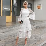 High Neck Ladies Lace Dresses Balloon Long Sleeve Lace Up Dress With Elastic