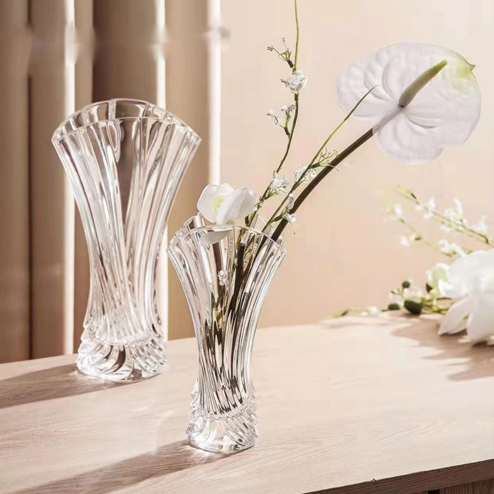 Custom Design Twist Shape Fashion Engraved Exquisite Glass Vase with Pattern Decorative