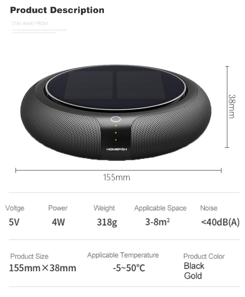 HOMEFISH OEM Car Air Purifier 2023 Ionizer HEPA Solar Car Air Purifier
