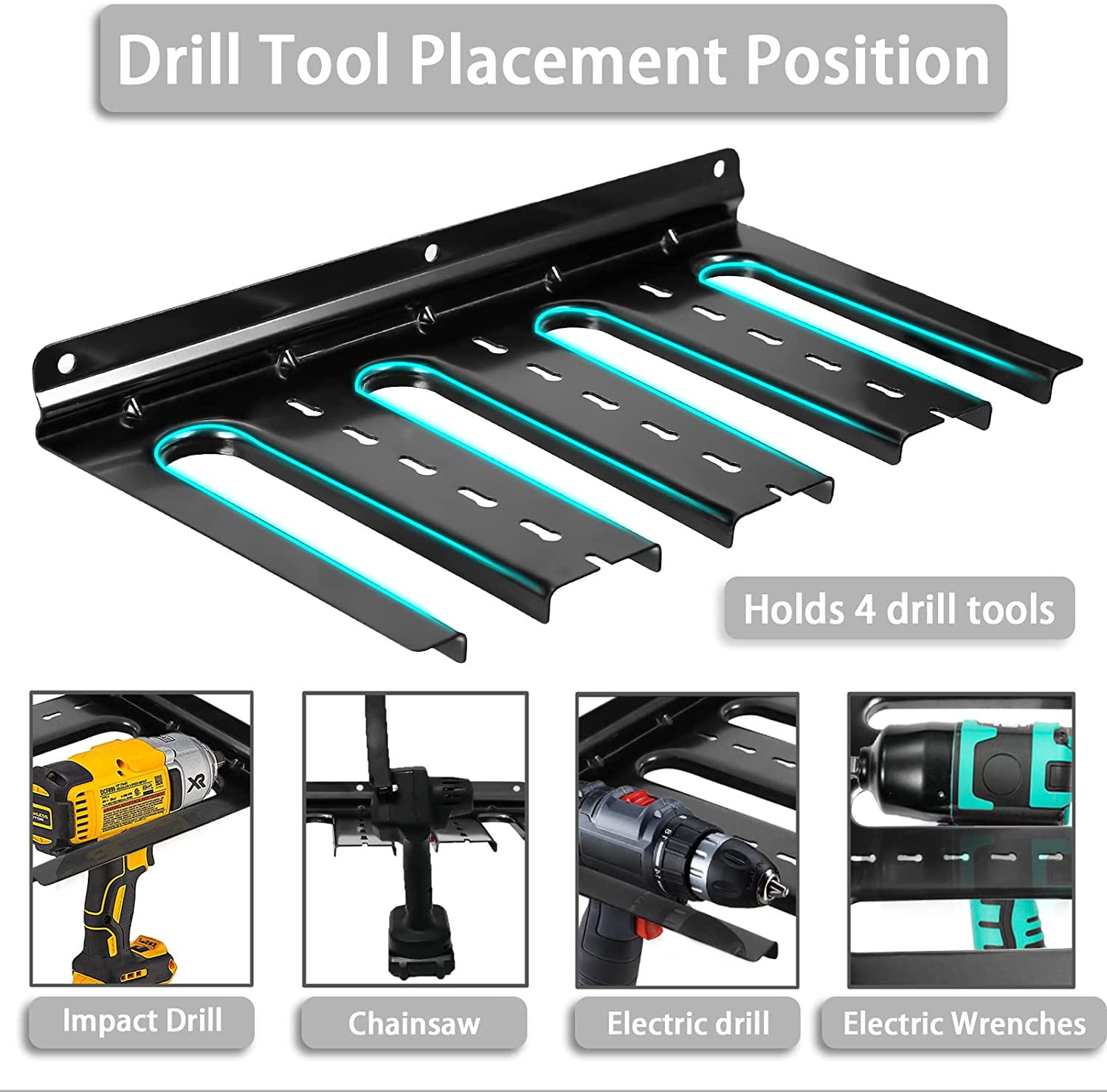 Sturdy Wall Mounted Drill Storage Rack Holds 4 Drills with Customizable Logo in Black