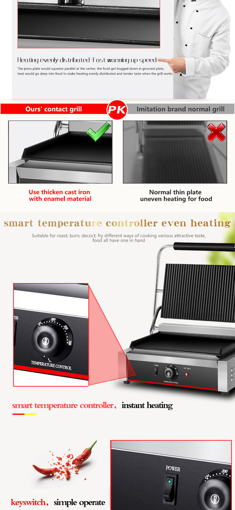 Electric Flat Grill Parts in Black Surface Color for 340*220 mm Upper Grill Size