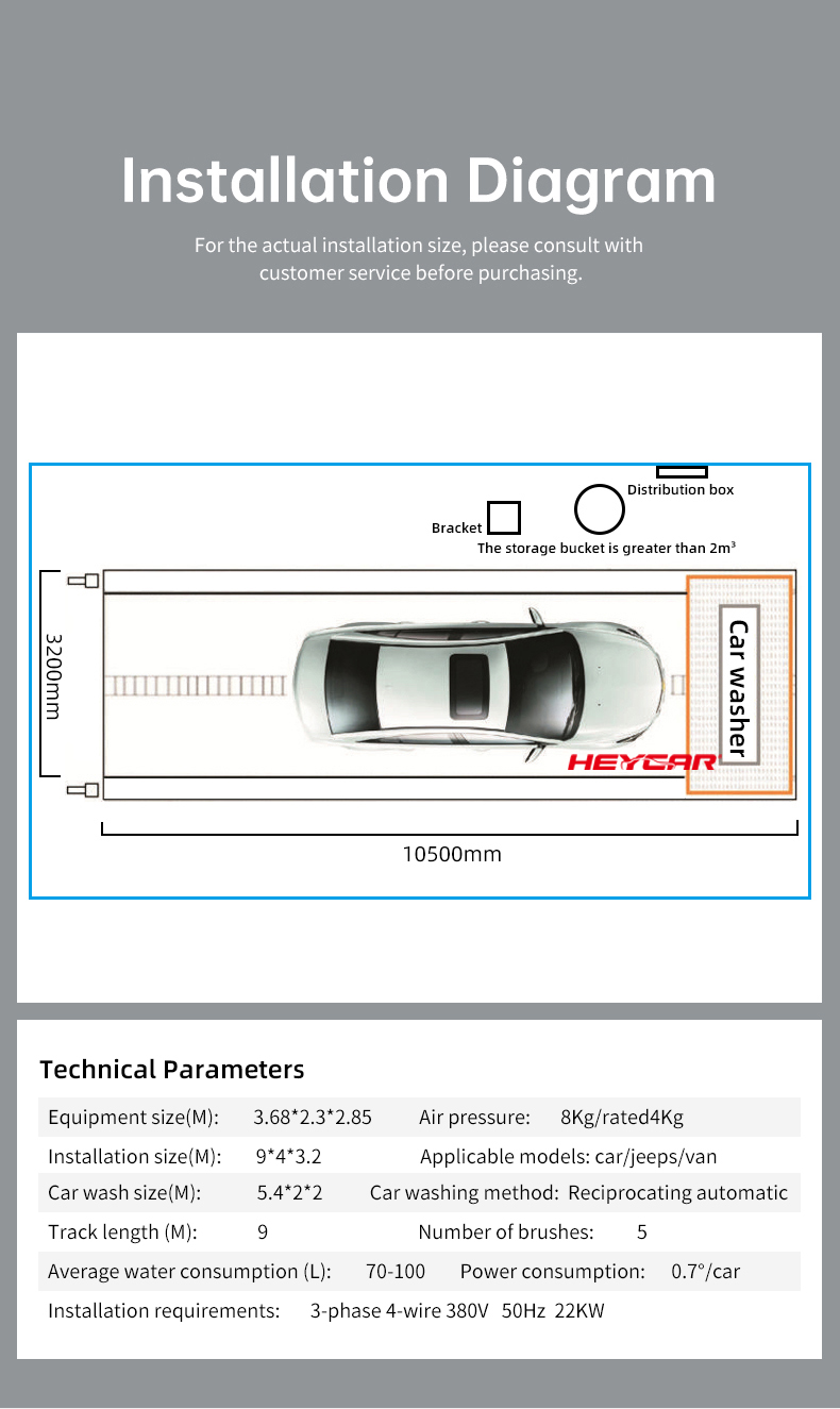 Water Spraying System Full Automatic Car Wash Tunnel Machine with Dryer and Drying Brushes 368*230*285cm