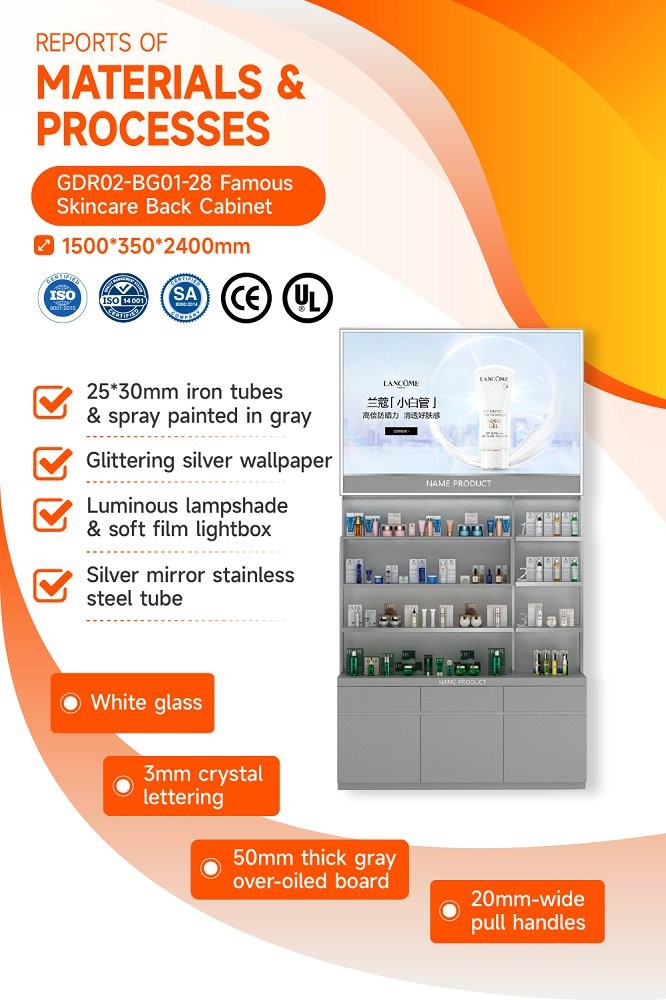 GDR02-BG01-28 Skincare Display Cabinet with 60mm Soft Film Light Box and Flash Silver Wallpaper for Fashion Boutiques
