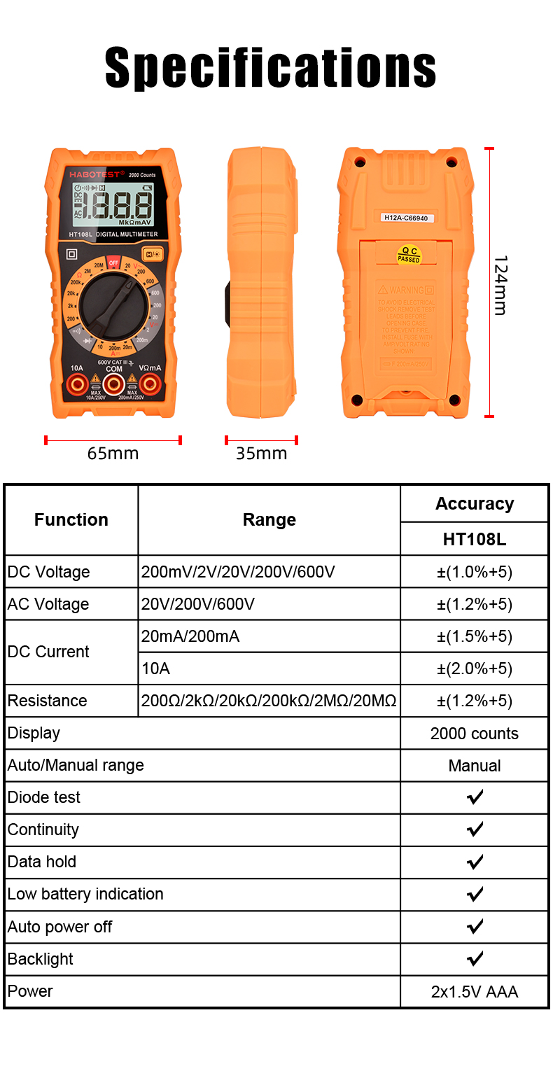 200mA Handheld Digital Multimeter , 600V Manual Ranging Digital Multimeter