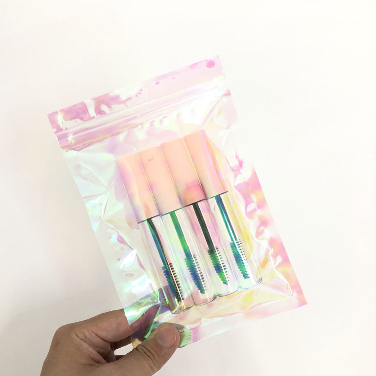 Custom logo zipper glittery silver shinny hologram zip lock gift plastic iridescent packaging bag
