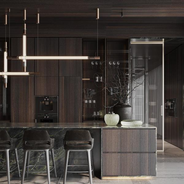 Luxury Home Furniture Modular Walnut Wood Veneer Matt Black Color Glass Door