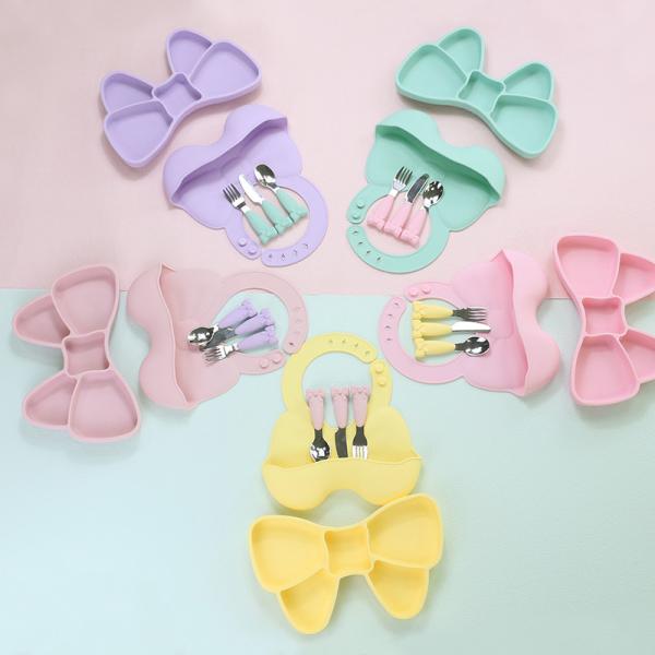 Baby Geschirr Weaning Silicone Tableware Set Bib Plate Stainless Steel Spoon