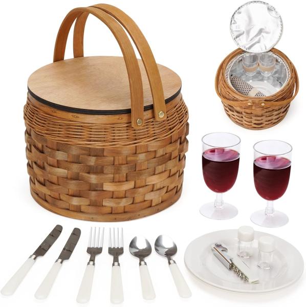 Small Picnic Baskets with Insulated Cooler, Picnic Basket Hamper for 2, Woodchip
