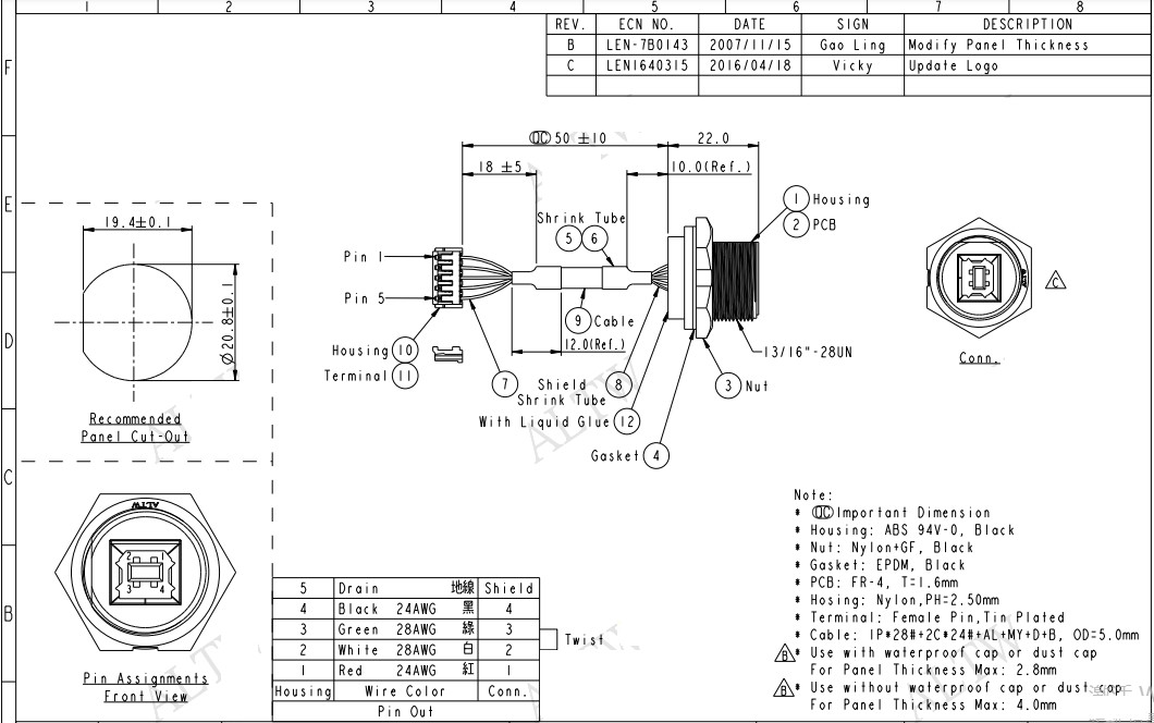 UB-20PMFP USB With Harness Panel Screw M Connectors Female Receptacle to Rectangular 5Pos Plug UB-20PMFP-SC8003