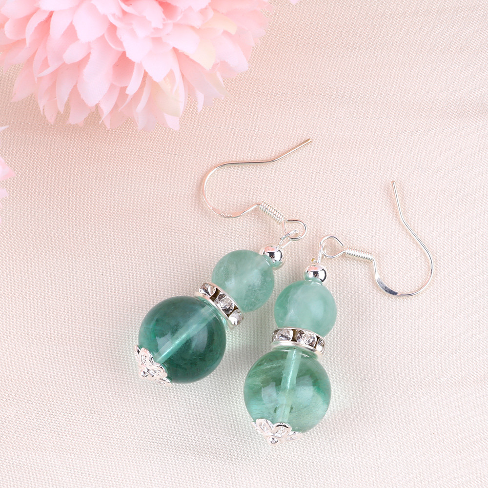 Handmade Crystal Stone Earrings Green Fluorite Gemstone Beaded Pendant Earrings