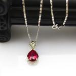 Women Fashion 7mm x 9mm Pear Shaped Ruby Cubic Zirconia Silver Pendant Necklace