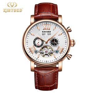 Wholesale KINYUED oem waterproof custom logo leather fashion tourbillon skeleton wrist watch luxury automatic watches from china suppliers