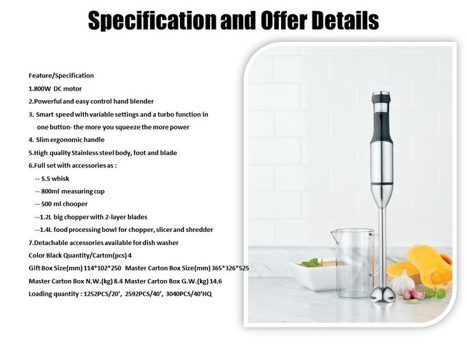 800W Stainless immersion blender With Chooper and Processing Bowl