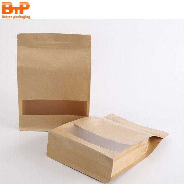 Custom Flat Bottom Stand up Zipper Brown Kraft Paper Resealable Nuts Food Doypack Packaging Pouches Bag With Clear Window