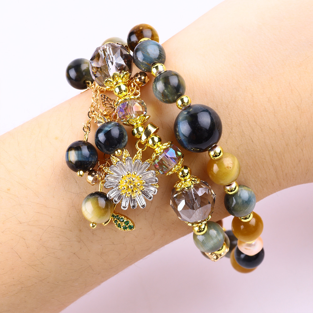 Unique 8MM With Dream Tiger Eye SunFlower Spinner Charm Blessing Crystal Double Layer Bracelet