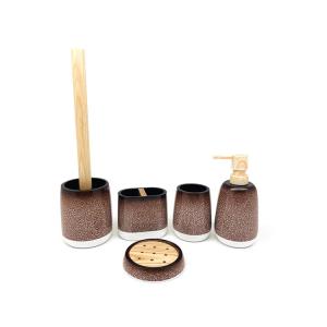 Wholesale 5pcs Ceramic Look Polyresin Bathroom Accessories Set Toothbrush Tumbler Holder With Wood Parts from china suppliers