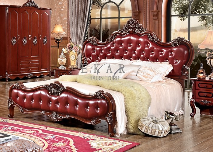 Classic style bed wood frame and leather with carved