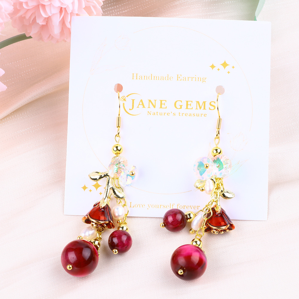 10MM 8MM Rose Red Tiger Eye Crystal And White Pearl With Rose Flower Dangle Long Earring For Party And Daily Wear
