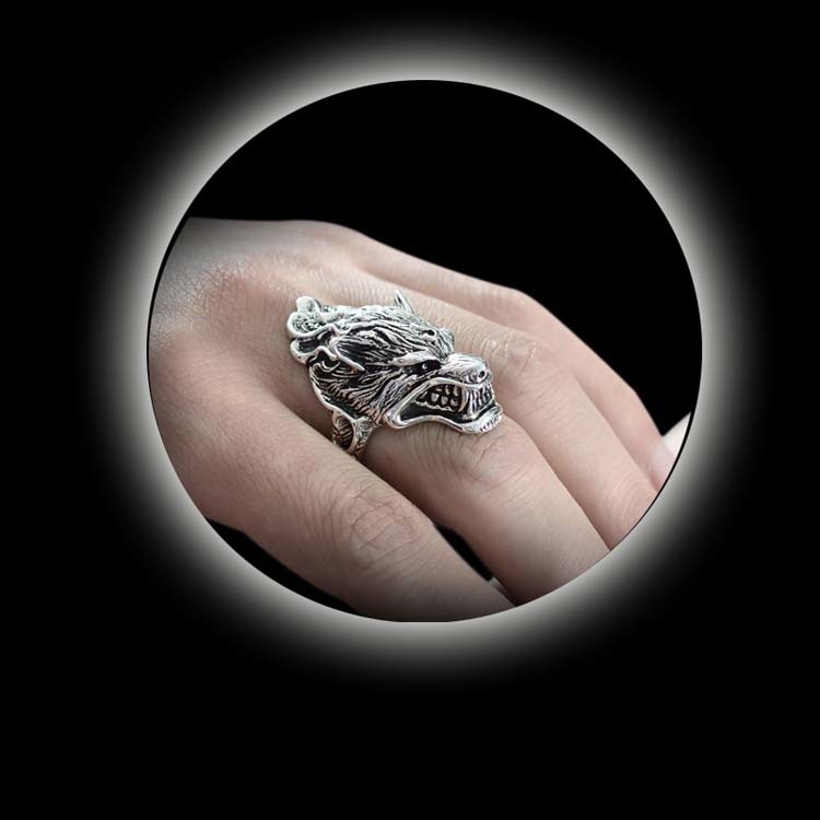 Vintage Sterling Silver Wolf Caput Thailand 925 Silver Ring (R6030803)