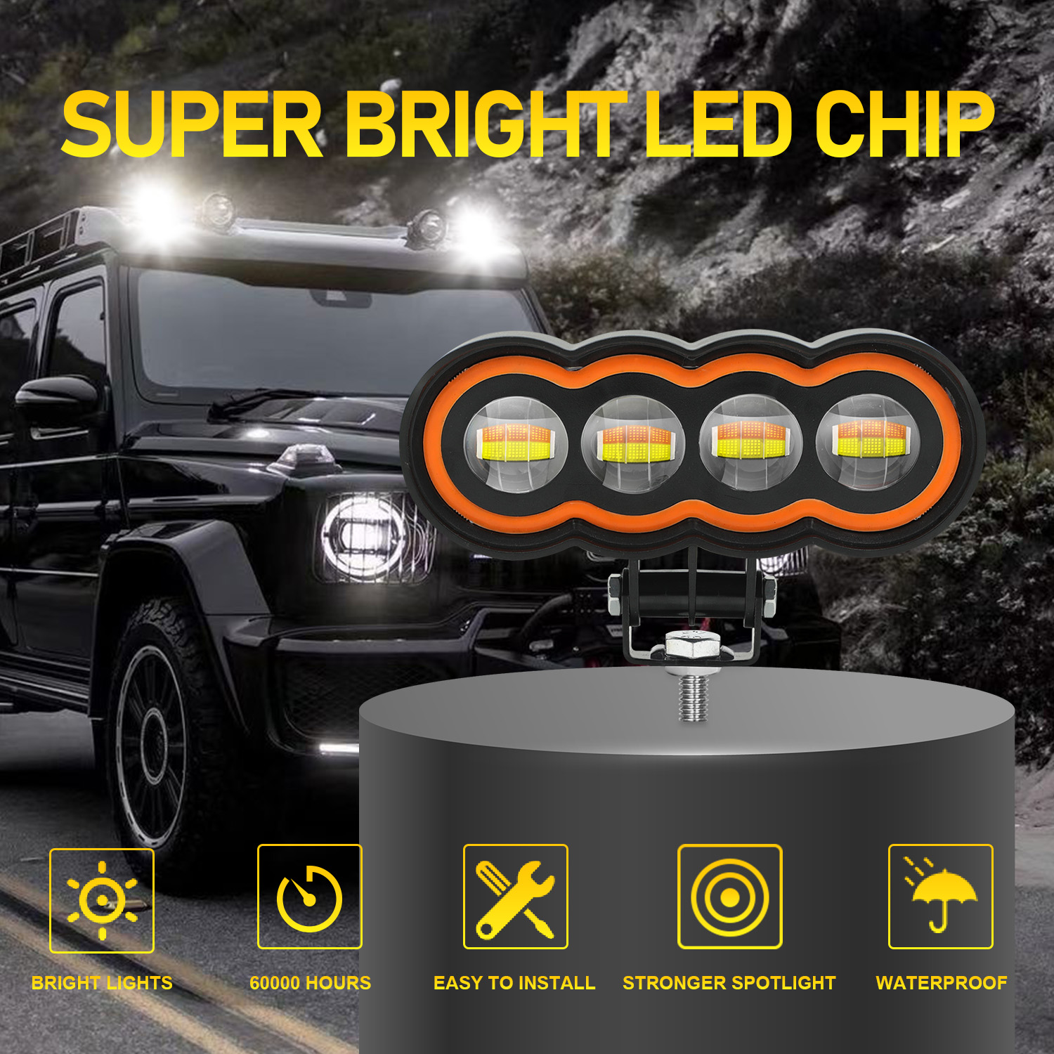12V 24V Motorbike Spot Lights White Yellow 4 Beam Aluminum Case LED Motorbike Lights