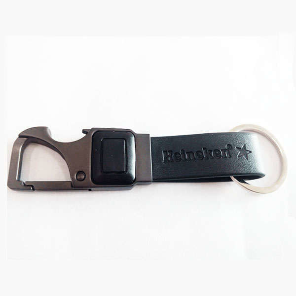 Custom Personalize Cool Promotion Gift Leather Keychain with LED Light Beer Bottle Opener Key Ring with Printed Logo