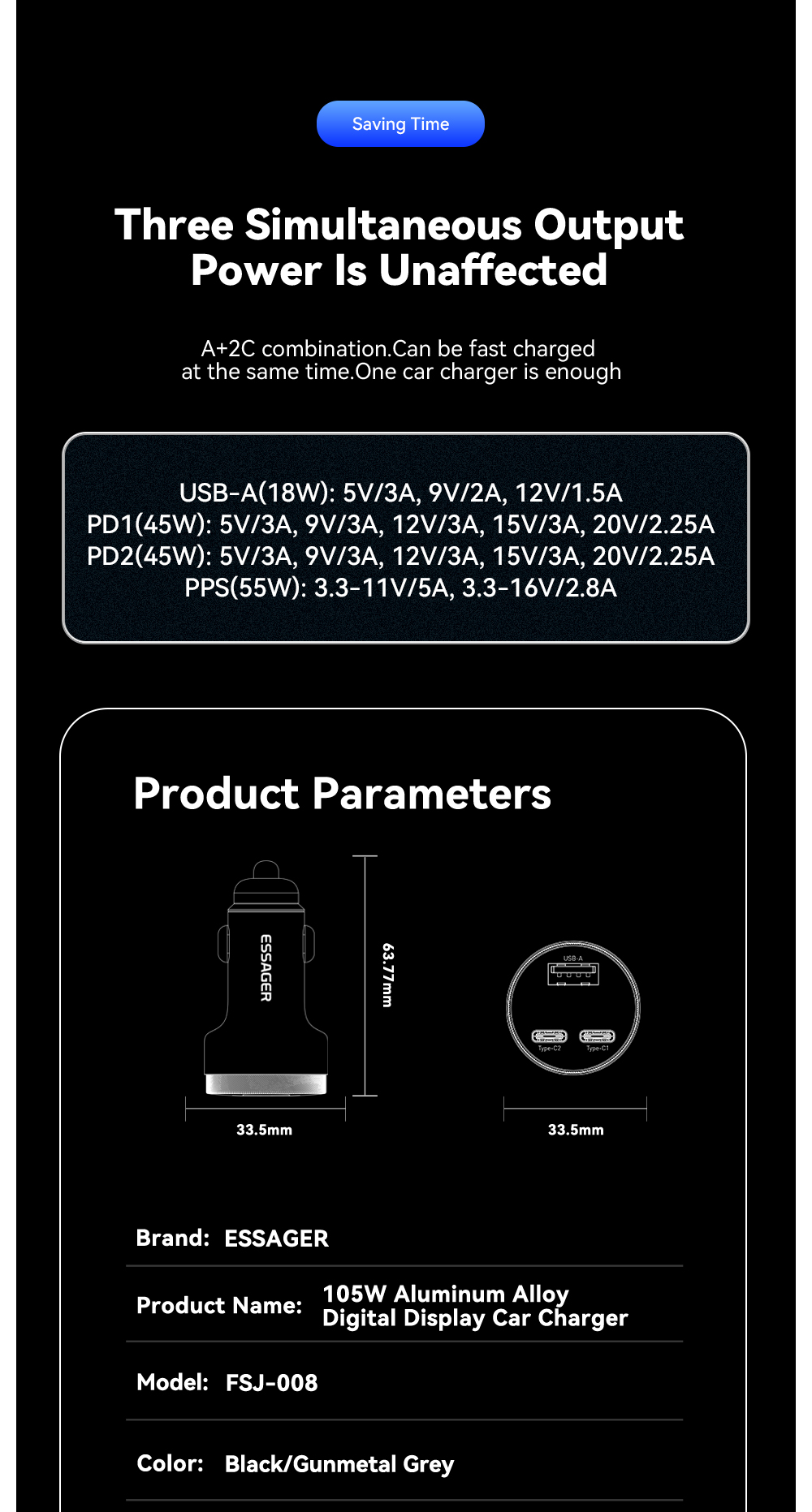 ESSAGER FSJ-008 Series 105W 3 Ports Fast USB Type C Car Charger