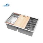 SUS304 Stainless Steel Kitchen Sinks With Filter Basket Double Bowl Handmade