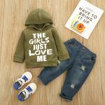 130CM Boys 6 Years Outfit Sets Black Hooded Jacket Dark Blue Ripped Jeans