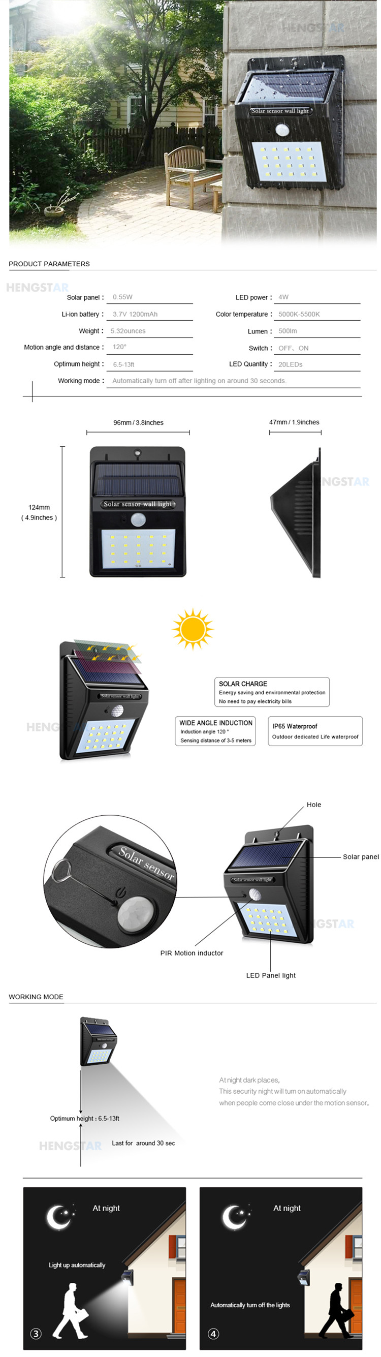 Smart Solar Powered LED Wall Light , Outdoor IP65 Waterproof LED Wall Light