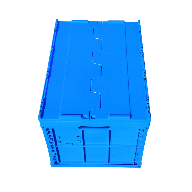 600*400*368 Mm Logistics Collapsible Plastic Box Attached Lids Blue Color