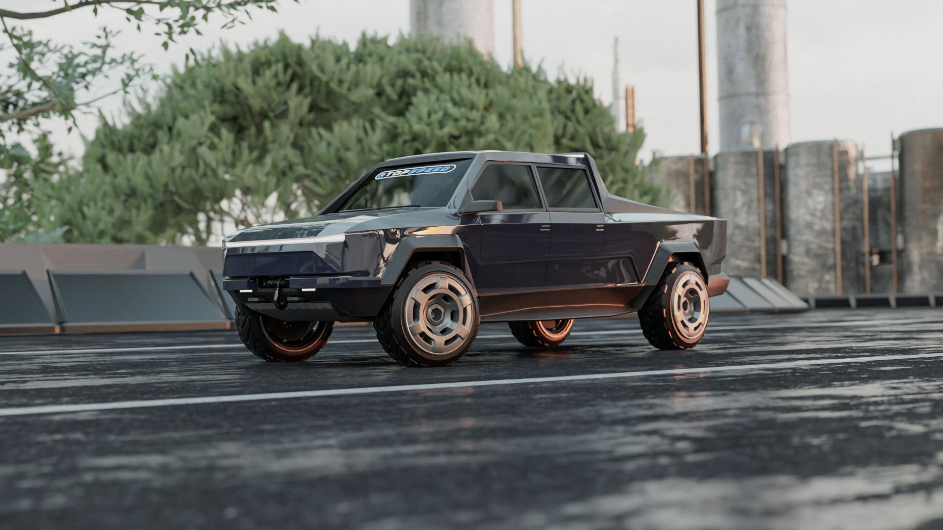 Front end of a Tesla Cybertruck rendering