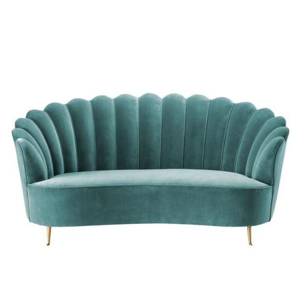 French class 2 seat lounge birch wood blue velvet fabric stainless steel leg