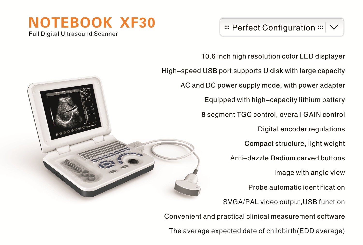 10.4" HD USG Scan Machine Color Doppler Ultrasound Scanner SVGA Output