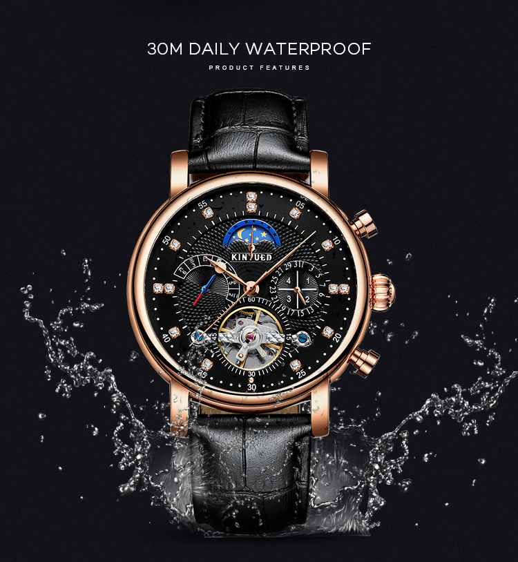 Automatic Mechanical Watch Leather Moon Phase With Diamond Crystal Mechanical Watch For Men