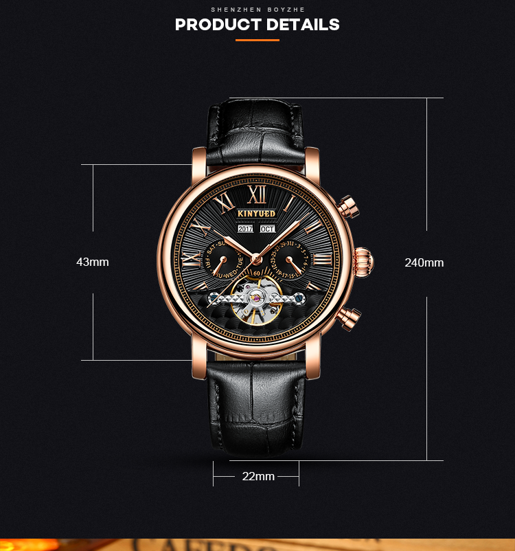 KINYUED J022-2 Minimalist Gold Case Leather Strap Watches Complete Calendar Automatic Mechanical Waterproof Montre Homme
