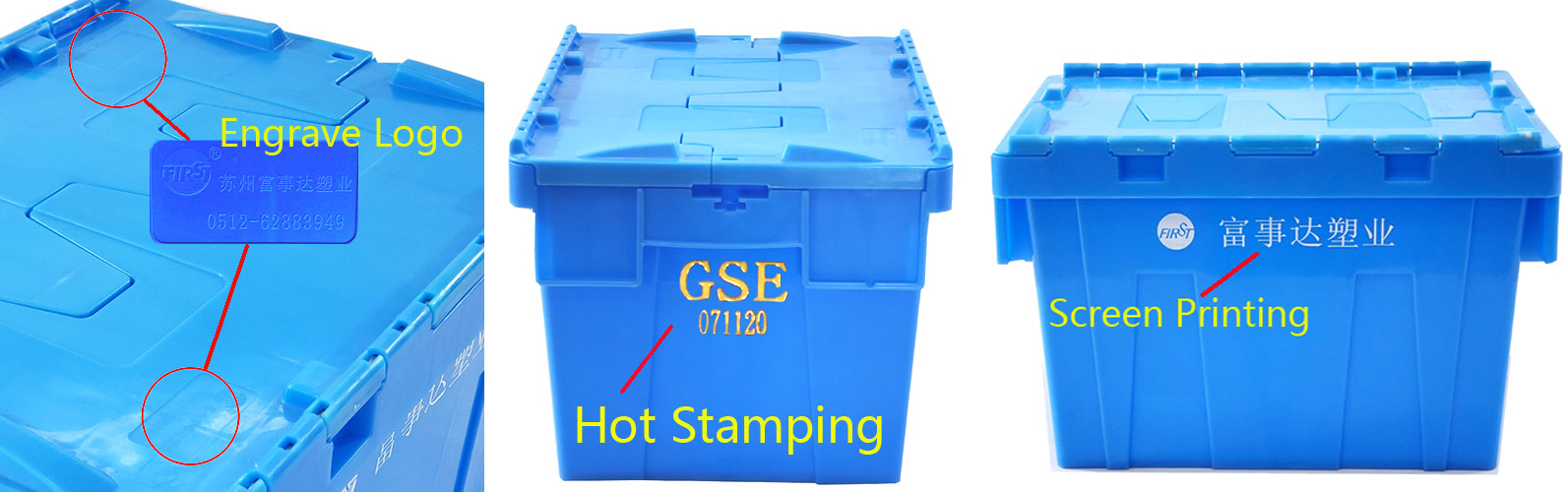 600x400x315mm Injection Plastic Moving Totes Nestable Crate Attached Lid Container