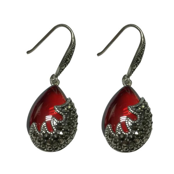 Vintage Sterling Silver Created Garnet with Marcasite Dangle Drop Earrings