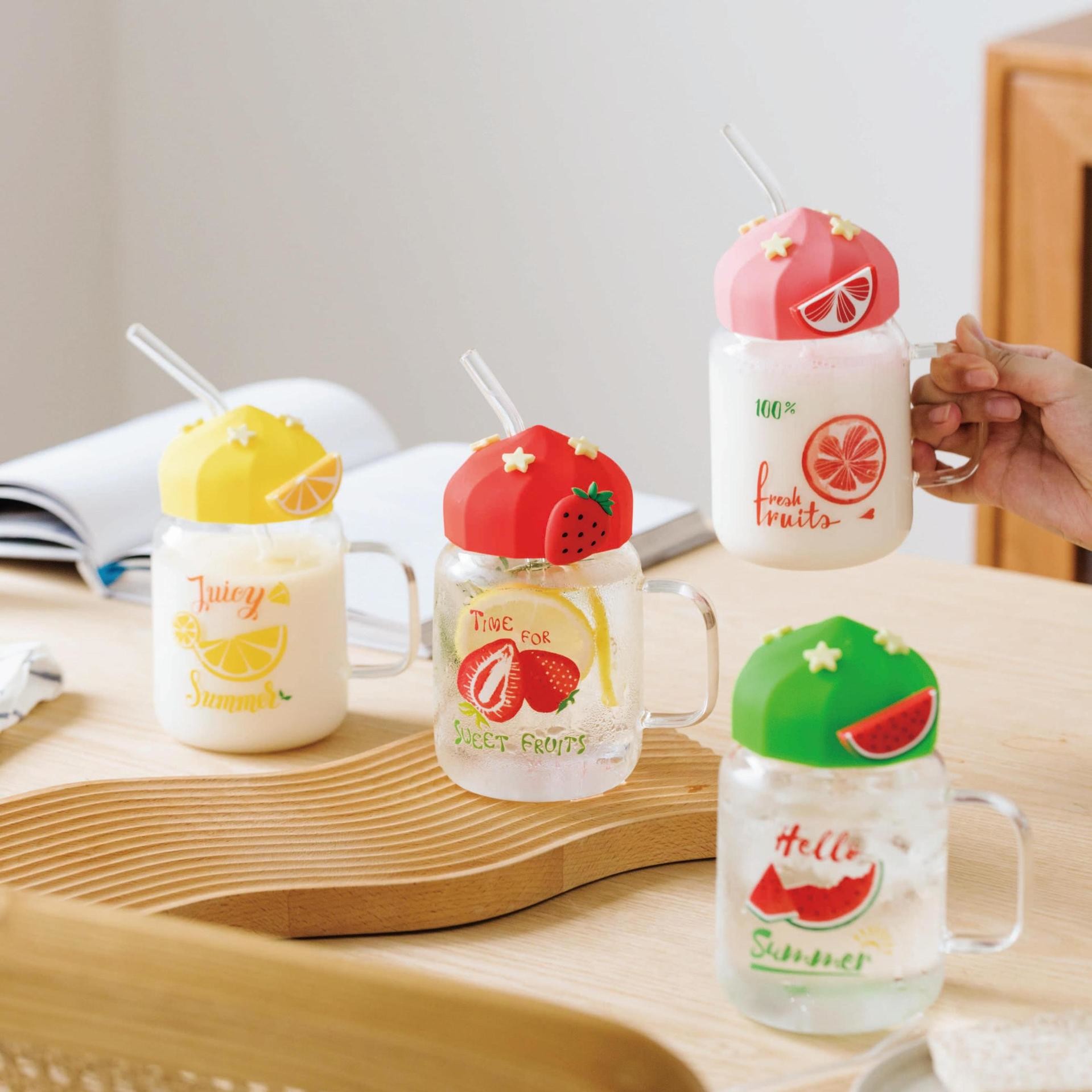 Summer Transparent Fruit High-temperature Glass Cup Cute Large-capacity Covered Straw Student Girls' Milk Breakfast Cup