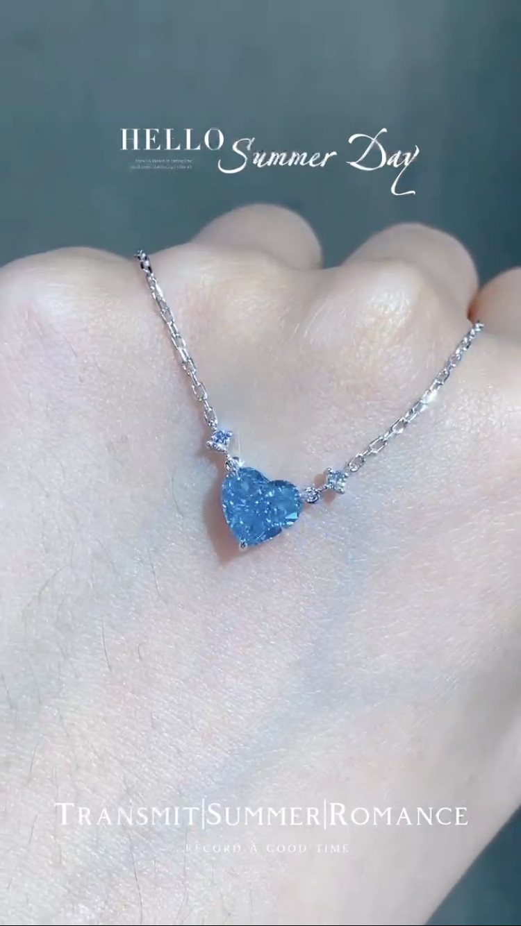 Blue Lab Created Diamond Pendant Necklace 1.51ct Heart Cut GRC Certified